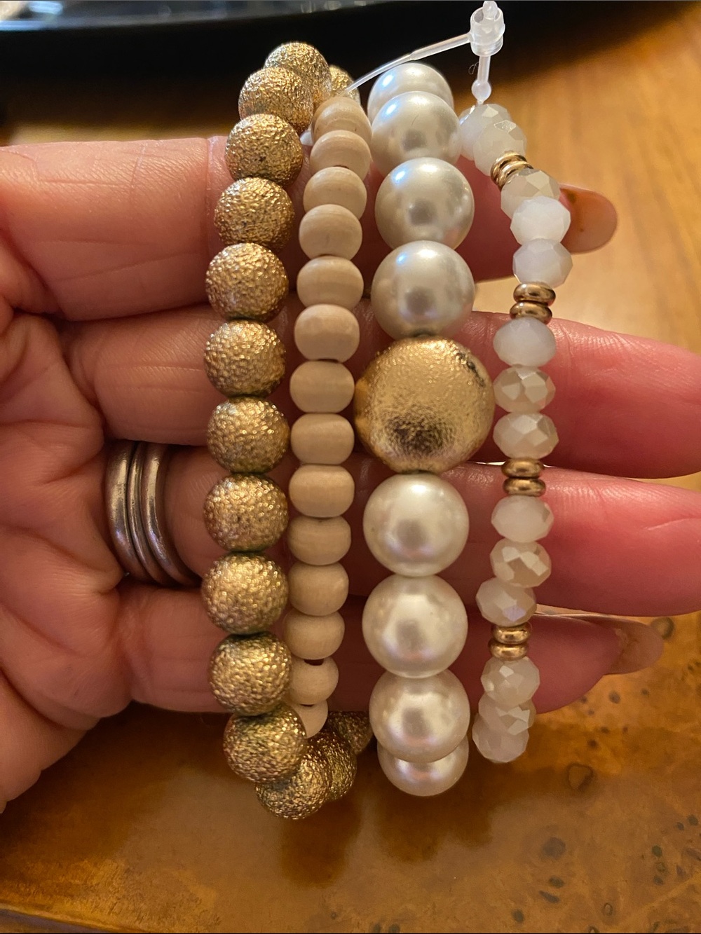 Gold and Pearl Beaded Stretch Bracelet Set
